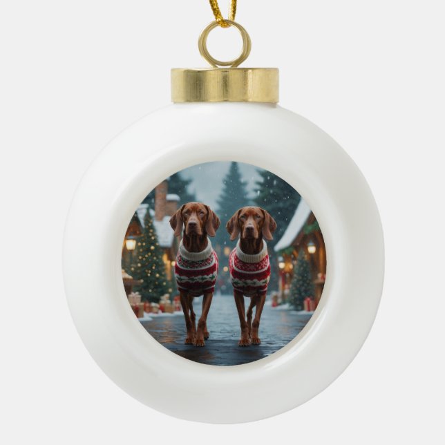Vizsla Dogs Christmas Snow Holiday Ceramic Ball Christmas Ornament (Front)