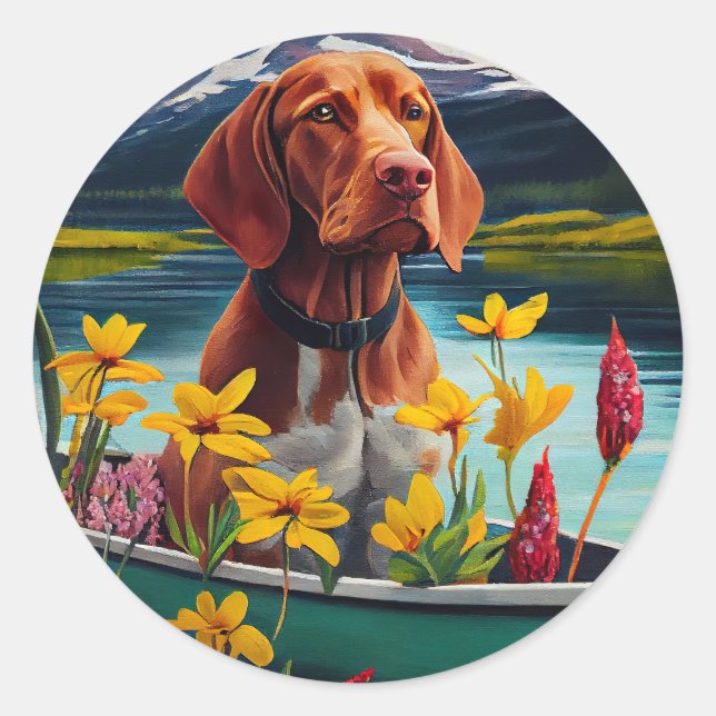 Vizsla on a Paddle: A Scenic Adventure Classic Round Sticker (Front)