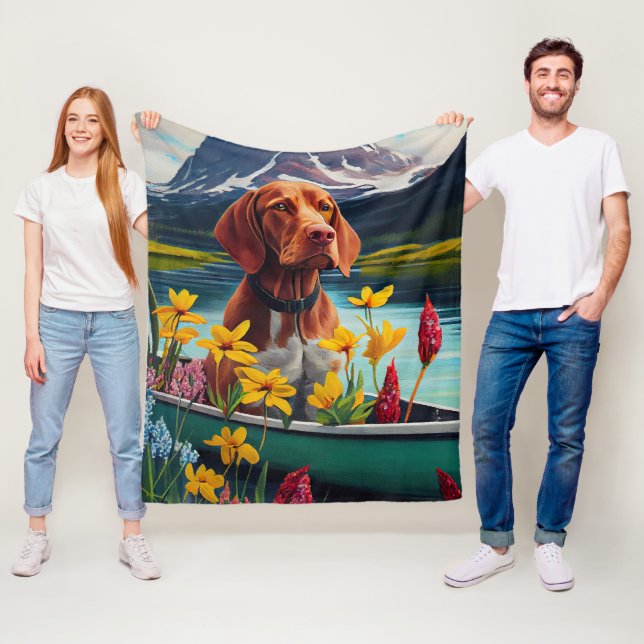 Vizsla on a Paddle: A Scenic Adventure Fleece Blanket (In Situ)