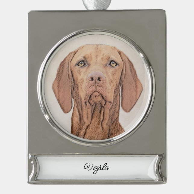 Vizsla Painting - Cute Original Dog Art Silver Pla Plated Banner Ornament (Front)