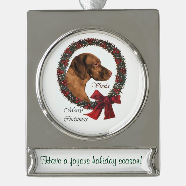 Vizsla Personalised Christmas Silver Plated Banner Ornament (Front)