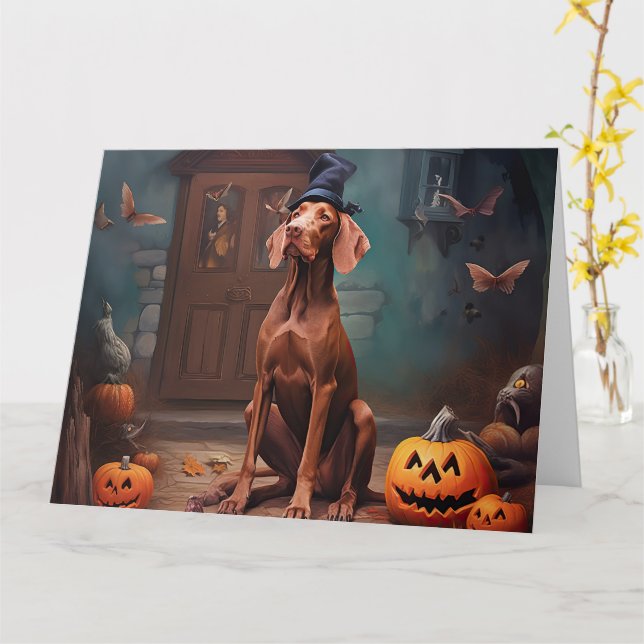 Vizsla Pumpkins Halloween Scary  Card (Yellow Flower)