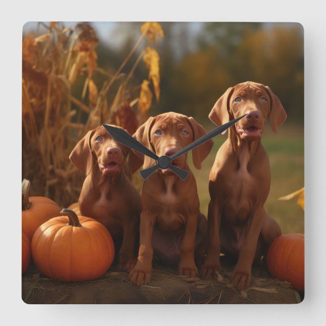 Vizsla Puppy Autumn Delight Pumpkin Square Wall Clock (Front)