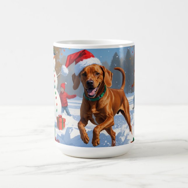 Vizsla Running in Snow with Christmas Hat Coffee Mug (Center)