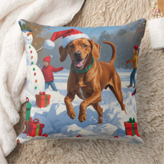 Vizsla Running in Snow with Christmas Hat Cushion
