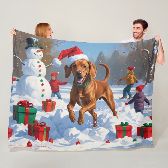 Vizsla Running in Snow with Christmas Hat Fleece Blanket (In Situ)