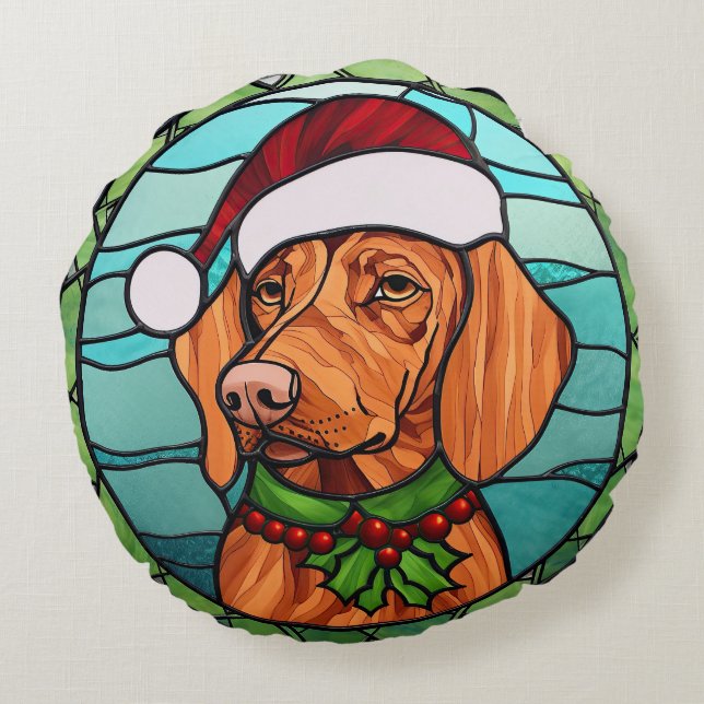Vizsla Stained Glass Christmas  Round Cushion (Back)