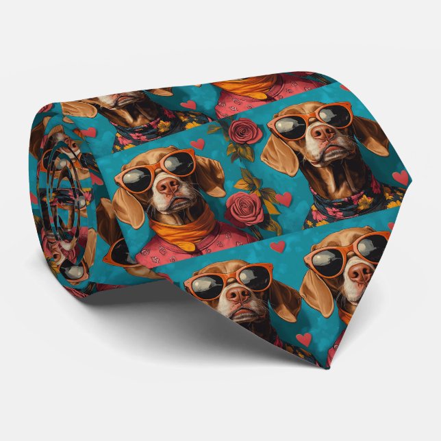 Vizsla with Heart Roses Valentine's Day  Tie (Rolled)