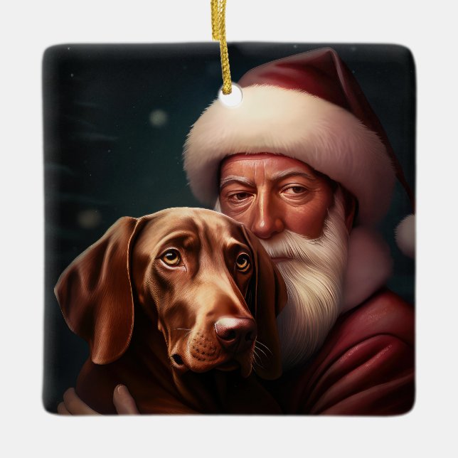 Vizsla With Santa Claus Festive Christmas Ceramic Ornament (Front)