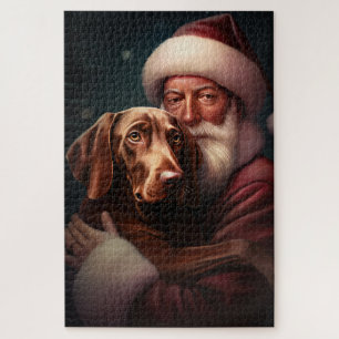 Vizsla With Santa Claus Festive Christmas Jigsaw Puzzle
