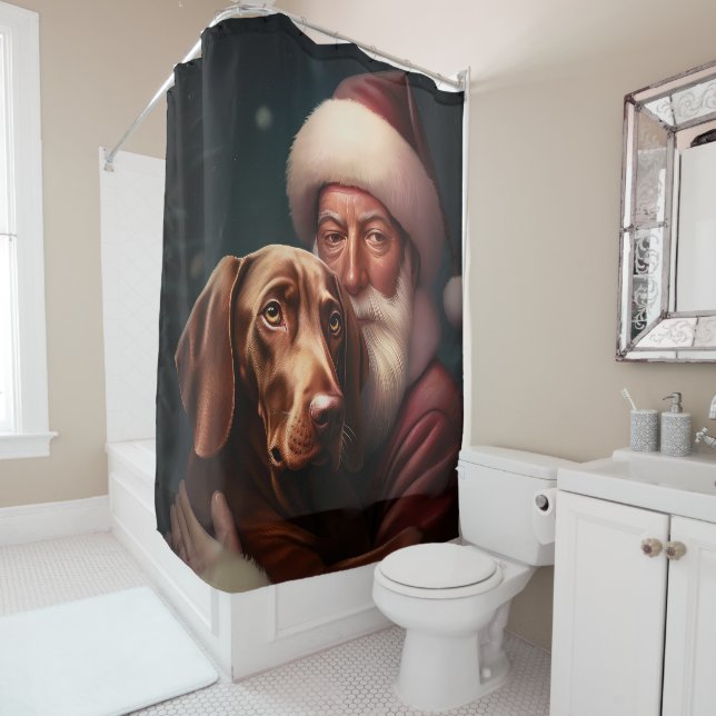 Vizsla With Santa Claus Festive Christmas Shower Curtain (In Situ)