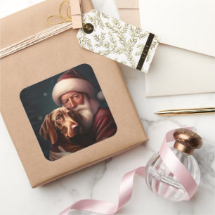 Vizsla With Santa Claus Festive Christmas Square Sticker