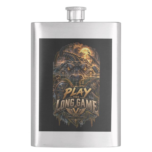 VLLC Play The Long Game Motivation Crocodile  Hip Flask (Front)