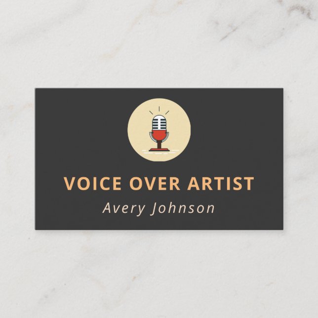 Voice Over Artist Microphone Icon Logo Simple Grey Business Card (Front)