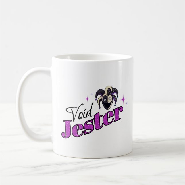 Void Jester Club – Smiling Chaos Jester Coffee Mug (Left)