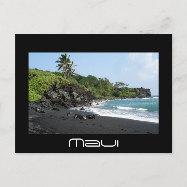 Volcanic black sand beach on Maui text postcard (Front)