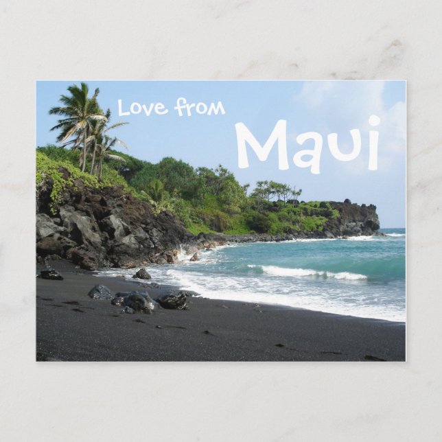 Volcanic black sand beach on Maui text postcard (Front)