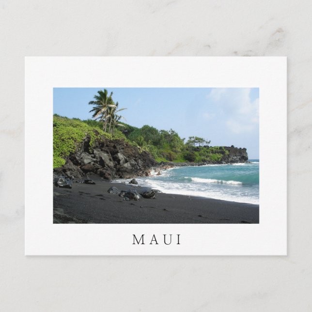 Volcanic black sand beach on Maui white postcard (Front)