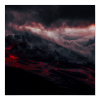 Volcanic Eruption Lava Rivers Night Landscape Poster