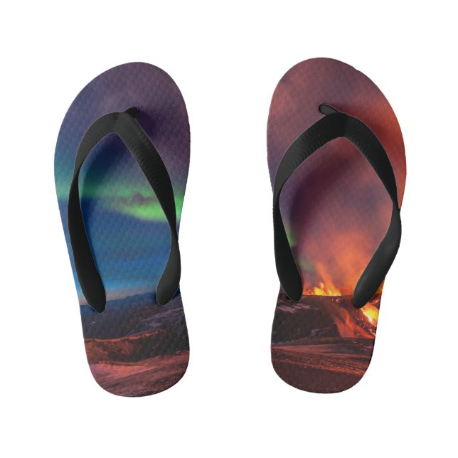 Volcano in Iceland and the Northern lights Kid's Jandals (Footbed)