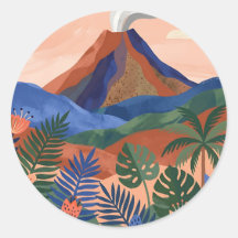 Volcano Landscape Round Stickers – Terracotta
