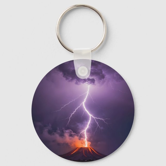 Volcano Lightning Eruption Dramatic Night Key Ring (Front)