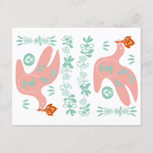 Volkskunst Tauben mit Lotusblumen und Pflanzen Postcard