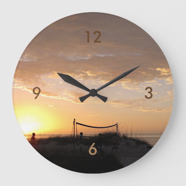 Volleball Beach Sunset Large Clock (Front)