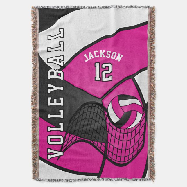 Volleyball 🏐 a Hot Pink, White and Black Throw Blanket (Front Vertical)