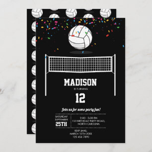 Volleyball Ball & Net Black Birthday Party Invitation