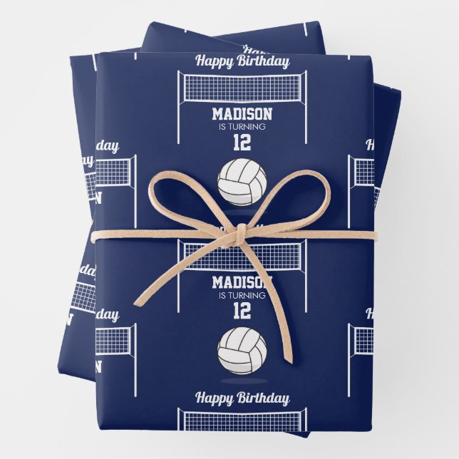 Volleyball Ball & Net Navy Blue Birthday Name Age Wrapping Paper Sheet (In situ)