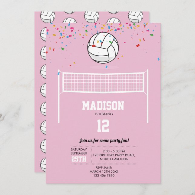 Volleyball Ball & Net Pink Girl Birthday Party  Invitation (Front/Back)