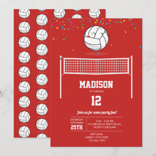 Volleyball Ball & Net Red Birthday Party Invitation
