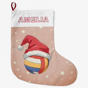 Volleyball Ball Red Santa Hat Name Large Christmas Stocking