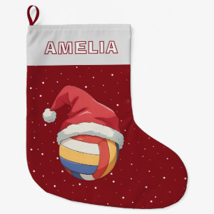 Volleyball Ball Red Santa Hat Name Large Christmas Stocking