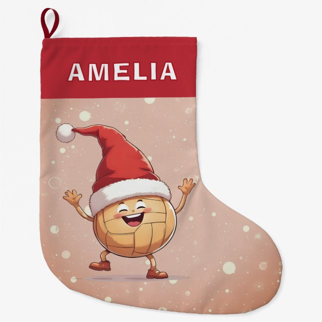 Volleyball Ball Red Santa Hat Name Large Christmas Stocking (Front)