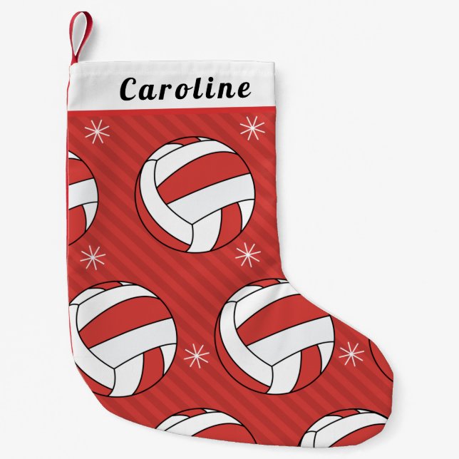 Volleyball Ball Snowflake Kids Name Xmas Red Sport Small Christmas Stocking (Front)