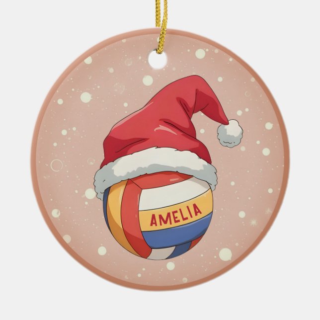 Volleyball Ball with Red Santa Hat Name Christmas Ceramic Tree Decoration (Front)