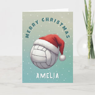 Volleyball Ball with Red Santa Hat Name Christmas Holiday Card