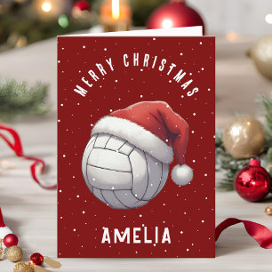 Volleyball Ball with Red Santa Hat Name Christmas Holiday Card