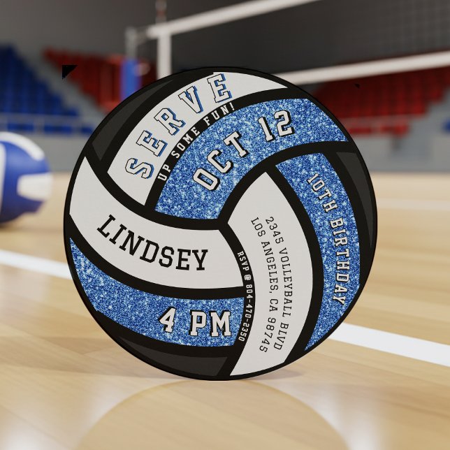 Volleyball Birthday Party Blue Glitter Invitation (Creator Uploaded)