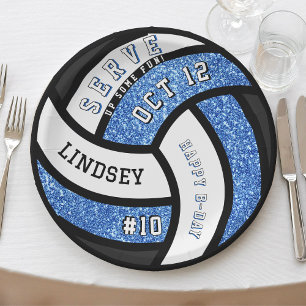 Volleyball Birthday Party Blue Glitter Paper Plate