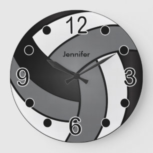 Volleyball   Black, White and Grey Large Clock