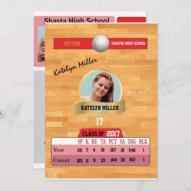 Volleyball Card W/ Stats Grad Invitations - red (Front/Back)
