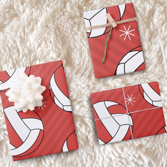 Volleyball Christmas Striped Festive Ball Snow Red Wrapping Paper Sheet (Creator Uploaded)