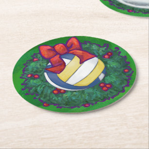 Volleyball Christmas Wreath Round Paper Coaster