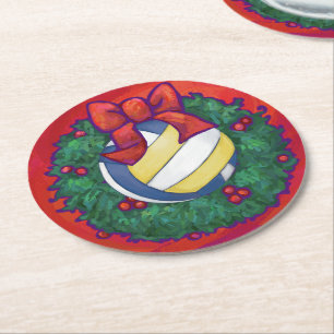 Volleyball Christmas Wreath Round Paper Coaster
