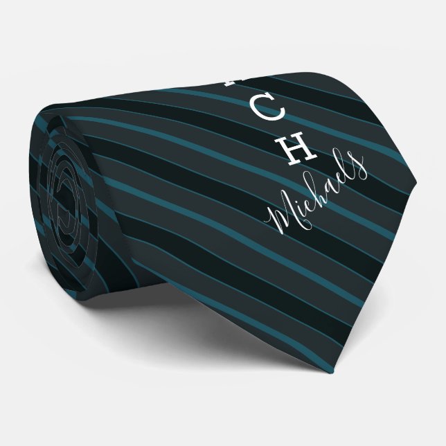 Volleyball Coach Signature Name Teal Striped Tie (Rolled)