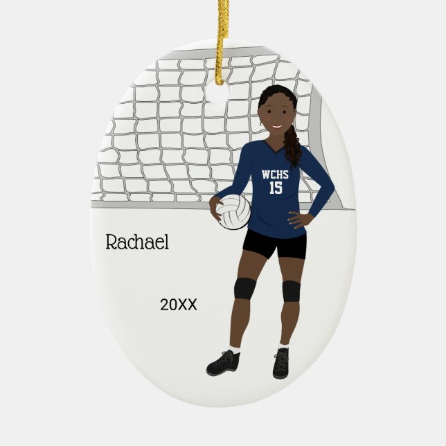 Volleyball Female Black Hair In Dark Blue & Black Ceramic Tree Decoration (Front)