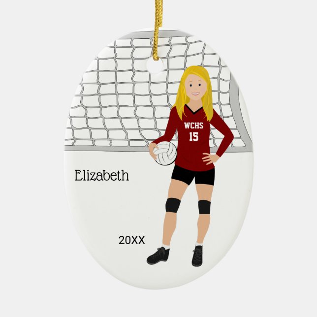 Volleyball Female Blonde Red & Black Ceramic Tree Decoration (Front)